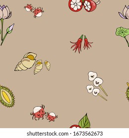 Calm pleasant seamless pattern with cute icons of Vietnam food and fruits on brown background