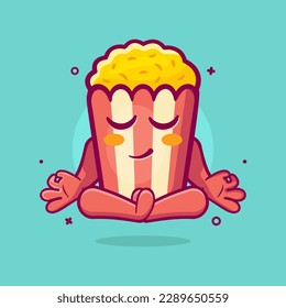 calm popcorn character mascot with yoga meditation pose isolated cartoon in flat style design