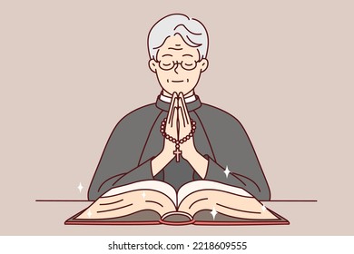 Calm priest in robe holding rosary praying with bible in church. Happy pastor pray to god in cathedral. Religion and faith. Vector illustration. 