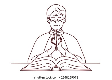 Calm priest in robe holding rosary praying with bible in church. Happy pastor pray to god in cathedral. Religion and faith. Vector illustration. 