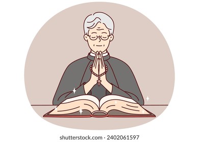 Calm priest in robe holding rosary praying with bible in church. Happy pastor pray to god in cathedral. Religion and faith. Vector illustration.