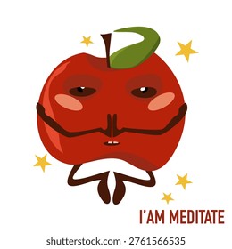 Calm Red Apple Character Meditating with Stars Illustration