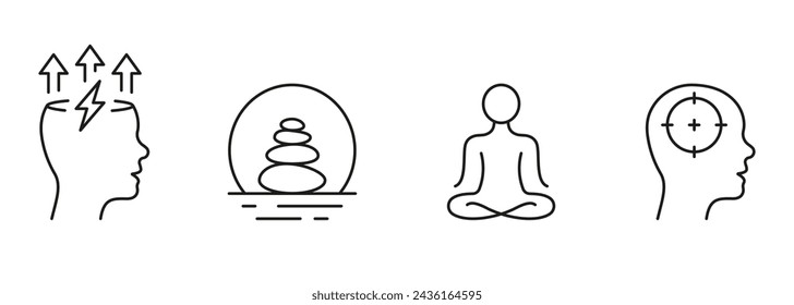 Calm And Relax Line Icon Set. Meditate For Mental Health Linear Pictogram. Stone Balance Outline Sign. Positive Energy, Wellness Symbol Collection. Editable Stroke. Isolated Vector Illustration.