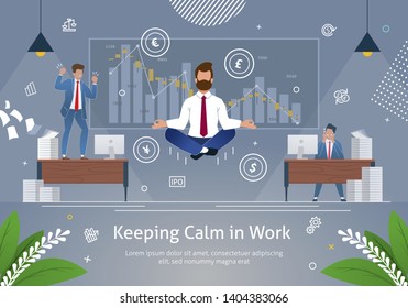 Calm Relax Spiritual Zen Balance in Business Concept Banner Vector Illustration. Businessman Doing Yoga Trying to Keep Calm under Stress Pressure Problem and Find Solution to Reach Success.