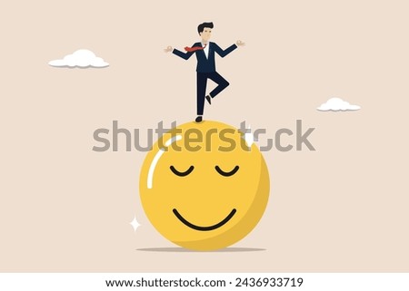 	
Calm, relaxation to reduce anxiety, control emotion during problem solving or frustration work concept, businessman relaxes over calm emoticon to reduce anxiety.