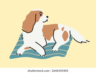 Calm, relaxed dog lying on the rug. Modern cartoon style. Isolated hand drawn vector illustration on light bakground.