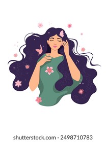 Mujer tranquila y relajada, pacífica y agradecida, cuidando su salud mental. Mindfulness, amor propio