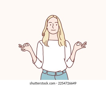 Calm relaxed peaceful woman meditating hand gesture simple korean style illustration