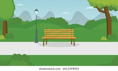 Calm and relaxing park scene with a wooden bench surrounded by trees greenery hills and a lamp post