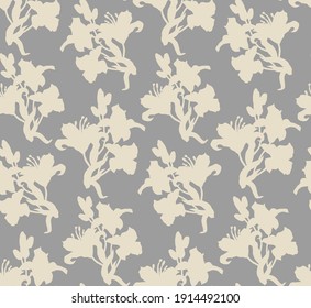 Calm repeated beige silhouettes of flowers, buds and leaves of lily flowers. Seamless pattern drawn by hand in freehand style with solid fill background. Home textile, wallpaper, fabric, package.