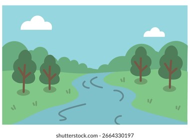 Calm river flowing through forest with blue sky, simple nature landscape background illustration for environmental and outdoor themed design projects