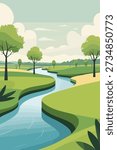 Calm River Flowing Through Green Countryside Landscape