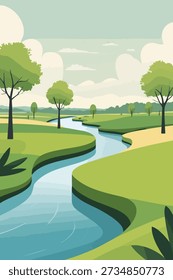 Calm River Flowing Through Green Countryside Landscape