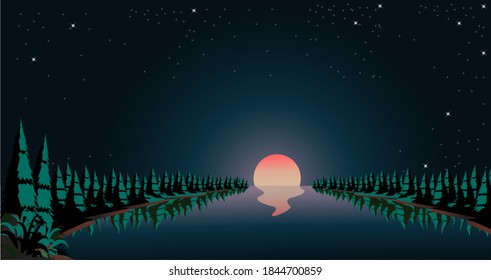 Calm river on a red moon night vector illustration for posters, greeting cards and wallpaper use.