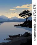 Calm River Shore Portrait Flat Vector Landscape With Lonely Canoe Silhouette and Distant Mountains