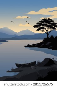 Calm River Shore Portrait Flat Vector Landscape With Lonely Canoe Silhouette and Distant Mountains