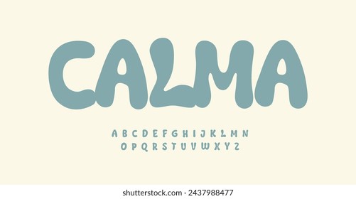 Calm rubber alphabet, serenely sans serif font, zen tranquility meets Halloween goo letters for calm or cartoon eerie logo, tranquil or spooky headline, fluid typography. Vector typeset.