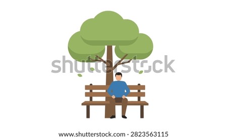 Calm scene depicting a man sitting alone on a park bench under a large green tree during a relaxing afternoon in an outdoor public space.