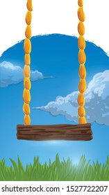 Calm scene with watercolor and brush strokes style showing a traditional swing, grass and a blue sky view with clouds.