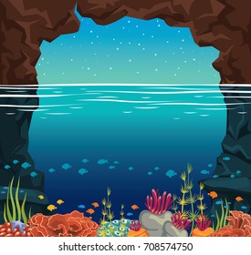 Calm sea landscape. Stone cave, colorful coral reef with s?hool of fishes under the night starry sky. Underwater marine wildlife.