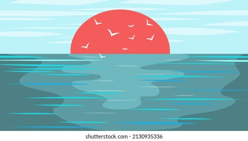 Calm sea landscape. Sunrise and flying bird above beautiful sea. Vector illustration.
