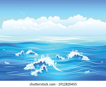 Calm sea or ocean surface with small waves and blue sky flat vector illustration