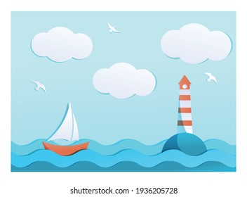 Calm Sea With Red Sailboat And Lighthouse