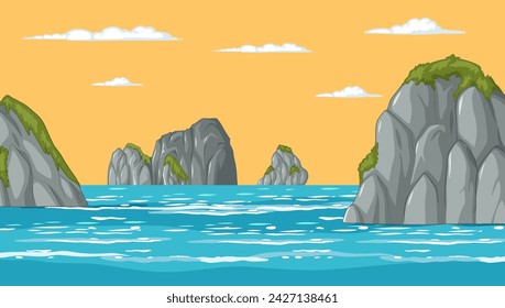 Calm sea with rocky cliffs and cloudy sky