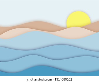 Calm Sea view in Summer time. Morning Sunrise. 3D Layered Paper Cut out Water Waves. Craft style abstract banner. Papercut layout for presentation, add, article and header, origami Vector illustration