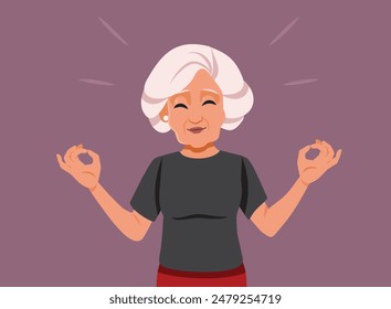 
Calm Senior Woman Trying to Destress Without Medication Vector Illustration. Cheerful lady feeling happy and in harmony with herself 
