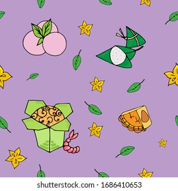 Calm set of cute multicolored icons of chinese food and deserts on pink background:rice, noodles, cookies, oyster's balls, carambola