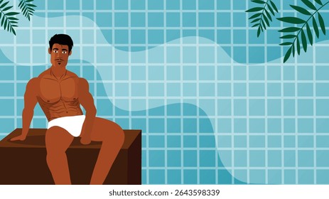 A calm shirtless man sitting by the pool edge on a peaceful summer day