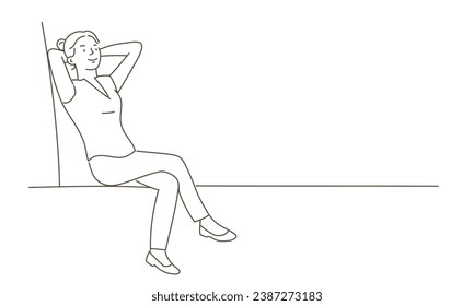 Calm smiling businesswoman relax and hands behind head. Hand drawn vector illustration. Black and white.