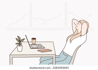 Calm smiling businesswoman relaxing at comfortable office chair hands behind head. Hand drawn style vector design illustrations.