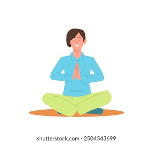 Calm smiling man cartoon character meditating sitting in lotus position holding hands in Namaste