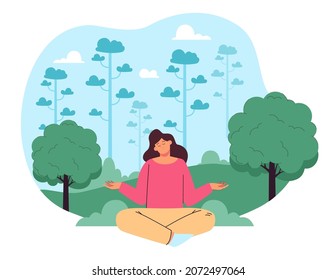 Calm smiling woman sitting in yoga pose surrounded by trees and enjoying nature. Physical health treatment via forest bathing flat vector illustration. Life balance, fitness, ecotherapy concept