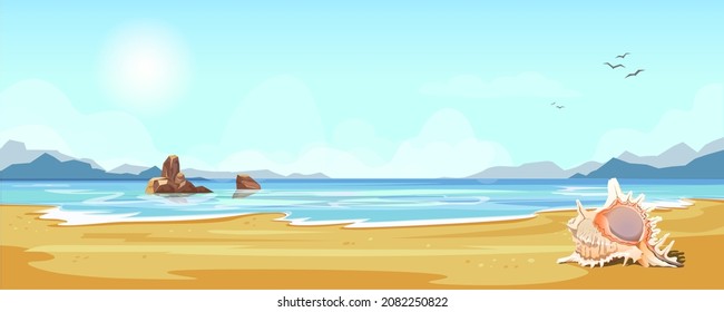 Calm summer day seascape, blue marine beach landscape, seashell on sand, rocks in water, mountains in background. Sunny weather on sea, ocean shore. Lagoon panoramic horizon view. Vector illustration 