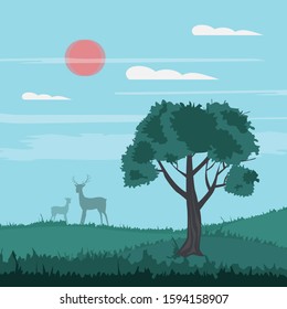 Calm summer landscape with animals