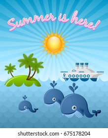 Calm summer scene with whales, Sun, island and cruise ship in the background