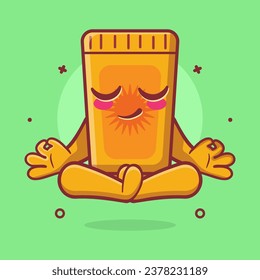 calm sunblock tube character mascot with yoga meditation pose isolated cartoon
