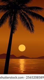 Calm sundown at beach with coconut tree silhouette