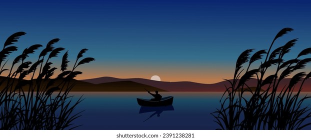 Calm sunset at lake. Vector nature landscape