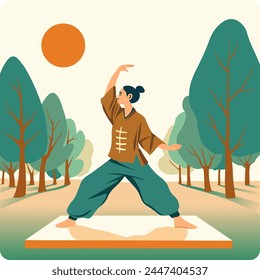 Calm tai chi session outdoors, flat vector illustration, depicting peaceful exercise in a serene park setting, ideal for wellness content.