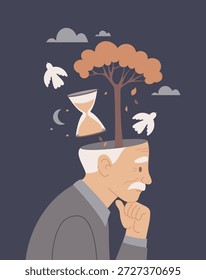 Hombre mayor reflexivo y tranquilo que piensa sobre el viaje de la vida y el tiempo. Concepto Memoria de ancianos, envejecimiento y legado con reloj de arena, pájaros y árboles. Ilustración plana de Vector