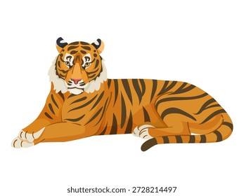 Tigre tranquilo acostado con las piernas delanteras cruzadas, estilo gráfico plano, aislado sobre fondo blanco. Concepto de vida silvestre y naturaleza. Ilustración vectorial