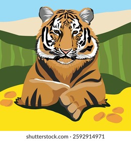 A calm tiger resting on a warm yellow ground with a simple natural background. This stylized vector illustration highlights the tiger’s strong presence and majestic aura, symbolizing power and wildern