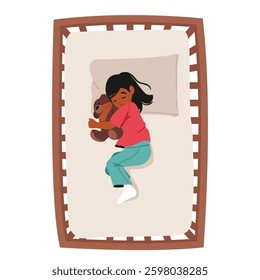 Calm toddler girl child cartoon character hugging teddy bear favorite toy sleeping in cozy comfortable wooden crib top view scene. Happy childhood, healthy and comfort night rest vector illustration