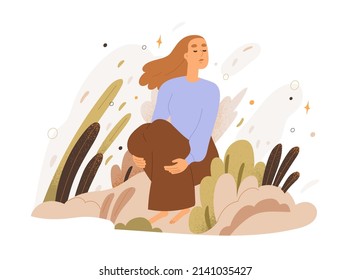 Calm tranquil carefree woman. Person finding wellbeing, harmony and balance, enjoying peace. Psychology recovery and mental health concept. Flat vector illustration isolated on white background