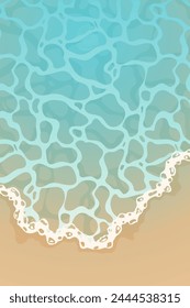 Tranquila superficie de agua azul transparente y playa de arena. Fondo moderno en estilo de dibujos animados. Diseño de fondo plano de una playa. Telón de fondo para las vacaciones de verano.