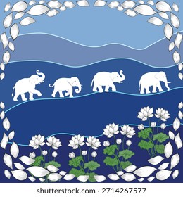Ilustración vectorial tranquila de elefantes blancos caminando en línea por encima de florecientes flores de loto blanco y ondas azules que fluyen, ideal para impresiones textiles, Fondos de pantalla y diseños de fondo decorativo.